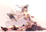  belt black_skirt blonde_hair closed_eyes corpse crying earmuffs ghost hair_ribbon hat japanese_clothes kariginu lace lace-trimmed_skirt lap_pillow lying medium_skirt mononobe_no_futo multiple_girls on_back ponytail ribbon shirt silver_hair sitting skirt tears touhou toyosatomimi_no_miko transparent yetworldview_kaze 