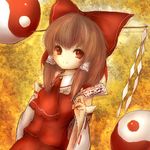  amanojaku ascot bad_id bad_pixiv_id between_fingers bow brown_hair detached_sleeves gohei hair_bow hair_ornament hair_stick hair_tubes hakurei_reimu ofuda red_eyes red_skirt short_hair sidelocks skirt skirt_set smile solo touhou upper_body vest yin_yang 