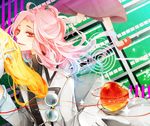  apple asturiki_jiwo bad_id bad_pixiv_id food fruit gloves long_hair male_focus mawaru_penguindrum open_mouth orange_eyes pink_hair smile solo trench_coat turtleneck watase_sanetoshi white_gloves 