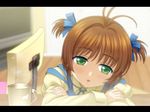  antenna_hair blush brown_hair cardcaptor_sakura crossed_arms cup green_eyes kinomoto_sakura letterboxed mutsuki_(moonknives) open_mouth short_hair short_twintails sleepy solo steam twintails 