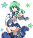  akatoro_(nightlord) blue_eyes blush_stickers detached_sleeves dress frills frog_hair_ornament green_hair hair_ornament hair_tubes highres kochiya_sanae legs long_hair looking_at_viewer pointing snake socks solo standing standing_on_one_leg star thighhighs touhou 