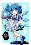  1girl alternate_costume alternate_hairstyle anger_vein apron bad_id bad_pixiv_id blue_dress blue_eyes blue_hair blush cake cirno cup dress enmaided fang food frozen givuchoko heart highres ice_block maid maid_headdress medium_dress number open_mouth print_dress short_hair short_sleeves side_ponytail solo teacup touhou tray wings wrist_cuffs 