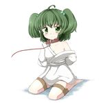  arms_behind_back bad_id bad_pixiv_id bare_shoulders bdsm bondage bound bound_legs child collar fuuen_(akagaminanoka) green_eyes green_hair hair_bobbles hair_ornament hairband japanese_clothes kisume leash off_shoulder solo tape tears touhou twintails 