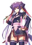  black_legwear cuboon hair_ornament hand_on_hip headdress japanese_clothes long_hair looking_down obi purple_eyes purple_hair sangokushi_taisen sash solo standing thighhighs touhaku twintails whip 