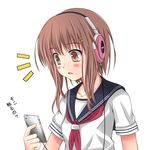  bangs blush brown_eyes brown_hair collarbone digital_media_player eyebrows_visible_through_hair hair_ornament hairclip headphones highres holding ipod ipod_touch looking_away neckerchief open_mouth original red_neckwear school_uniform serafuku short_hair_with_long_locks short_sleeves simple_background solo translation_request upper_body white_background wulock 