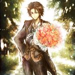  alvin_(tales) bouquet brown_eyes brown_hair flower formal hand_in_pocket male_focus orange_flower orange_rose pants rose sketch smile solo sora-pika suit tales_of_(series) tales_of_xillia 