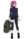  1girl alternate_costume bandage breasts clenched_hand eyelashes flak_jacket full_body green_eyes haruno_sakura headband holding long_sleeves melonex naruto pink_hair shoes simple_background solo standing tight vest white_background zipper 