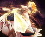  armor armored_dress artoria_pendragon_(all) bad_id bad_pixiv_id blonde_hair dress excalibur fate/zero fate_(series) gauntlets glowing glowing_sword glowing_weapon green_eyes highres long_hair open_mouth perspective saber solo sword weapon yuri11108 