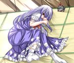  bad_id bad_pixiv_id blue_dress blue_hair dress floor kamishirasawa_keine long_hair lying on_side red_eyes silver_hair solo tabuchi_(tabuchisanchi) touhou 