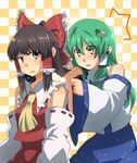  akatoro_(nightlord) bare_shoulders black_hair brown_eyes detached_sleeves green_hair hair_tubes hakurei_reimu kochiya_sanae multiple_girls touhou yellow_eyes 