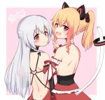  .live 2girls :d anchor_hair_ornament animal_ears arm_hug bangs bare_back bare_shoulders blonde_hair blush braid cat_ear_headphones cat_ears cat_tail closed_mouth detached_sleeves dimples_of_venus dress eyebrows_visible_through_hair fake_animal_ears frills from_behind hair_ornament headphones long_hair long_sleeves looking_at_viewer looking_back multicolored_hair multiple_girls nekonoki_mochi open_mouth red_dress red_eyes red_hair side_braid side_ponytail silver_hair smile streaked_hair tail tail_ring transparent v wavy_hair yozakura_tama yuukagen_(poipoipopoino) 