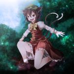  animal_ears bad_id bad_pixiv_id bow brown_eyes brown_hair cat_ears cat_tail chen earrings fang frilled_skirt frills hat highres jewelry kneeling loafers medium_skirt multiple_tails nekomata open_mouth red_skirt s-syogo shirt shoes skirt skirt_set smile solo tail touhou 