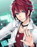  androgynous blue_eyes character_name dog_tags fingers jacket light_smile male_focus niconico orenji_(lullaby) red_hair solo valshe 