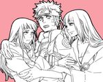  2girls arm_hug breasts cleavage dengye facial_mark forehead_protector hug hyuuga_hinata konohagakure_symbol long_hair medium_breasts monochrome multiple_girls naruto naruto_(series) naruto_shippuuden open_mouth pink_background shion_(naruto) spiked_hair sweatdrop uzumaki_naruto vest whisker_markings 