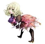  :d blonde_hair boots bow creature dress elize_lutus frills full_body green_eyes happy kmikan leaning_forward open_mouth purple_footwear ribbon short_hair smile tales_of_(series) tales_of_xillia teepo_(tales) 