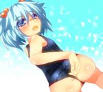  ass blue_eyes blue_hair blush flat_chest from_behind hair_bobbles hair_ornament highres kawashiro_nitori looking_back one-piece_swimsuit open_mouth partially_visible_vulva school_swimsuit solo swimsuit touhou two_side_up wedgie zamudelin 