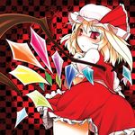  ass blonde_hair blush checkered checkered_background flandre_scarlet from_behind hat looking_back panties pantyshot red_eyes solo striped striped_panties touhou underwear wings yassy 