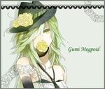  alternate_hairstyle bare_shoulders borrowed_design character_name covering_mouth doily fedora flower green_eyes green_hair gumi hair_over_one_eye hat hat_flower lace_border long_hair lowres meuyi necktie rose solo upper_body vocaloid yellow_flower yellow_rose 
