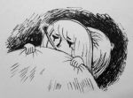  1girl cold commentary greyscale hands heikala ink_(medium) inktober monochrome original sick solo thermometer traditional_media under_covers 