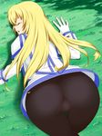  ass blonde_hair closed_eyes collet_brunel crotch day from_behind gloves highres hou_(hachiyou) long_hair no_panties open_mouth outdoors pantyhose solo tales_of_(series) tales_of_symphonia thigh_gap top-down_bottom-up white_gloves 