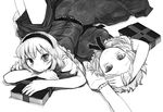  alice_margatroid ass book clone dress dual_persona face greyscale hairband keyhole lock lying monochrome multiple_girls on_back on_person on_stomach short_hair smile touhou yassy 