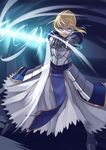  ahoge armor armored_dress artoria_pendragon_(all) blonde_hair blue_eyes dress fate/stay_night fate_(series) faulds gauntlets greaves hair_ribbon invisible_air mofu ribbon saber solo sword weapon wind 
