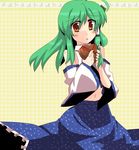  akatoro_(nightlord) bare_shoulders brown_eyes detached_sleeves green_hair hair_tubes kochiya_sanae navel solo touhou 