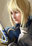  armor artoria_pendragon_(all) bad_id bad_pixiv_id blonde_hair caliburn dress fate/stay_night fate_(series) green_eyes hair_ribbon lips perzeusblade realistic ribbon saber solo sword weapon 