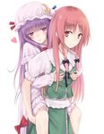  blush bow braid breast_grab breasts carrying commentary_request crescent grabbing groping hair_bow hat heart highres hong_meiling long_hair multiple_girls no_hat no_headwear patchouli_knowledge piggyback purple_eyes purple_hair red_eyes red_hair simple_background small_breasts suzushiro_yukari touhou twin_braids yuri 