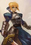  ahoge armor armored_dress artoria_pendragon_(all) bad_id bad_pixiv_id blonde_hair dress excalibur fate/stay_night fate_(series) gauntlets green_eyes hair_ribbon puffy_sleeves ribbon saber solo sword weapon yuza 