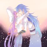  1girl atwight_eks bad_id bad_pixiv_id blue_eyes blue_hair blue_skirt couple dymlos_timber hair_ornament hairpin hat hetero hug long_hair miniskirt ochazuke_gohan pencil_skirt purple_hair red_eyes shirt skirt smile tales_of_(series) tales_of_destiny tales_of_destiny_2 