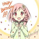  :d braid casual copyright_name flower hair_flower hair_ornament happy happy_birthday highres looking_at_viewer official_style open_mouth pink_eyes pink_hair short_hair side_braid sky_(freedom) smile solo steepled_fingers your_diary yua_(your_diary) 