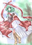  absurdres bad_id bad_pixiv_id boots dress dress_lift frills front_ponytail green_eyes green_hair hair_ribbon highres kagiyama_hina ribbon solo tabuchi_(tabuchisanchi) touhou 