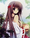  1girl 5pb. absurdres bangs blush breasts brown_eyes brown_hair bucket headband highres japanese_clothes large_breasts leaf long_hair looking_at_viewer looking_back miko open_clothes open_eyes outdoors phantom_breaker plant sideboob smile solo suzuhira_hiro waka_(phantom_breaker) water 