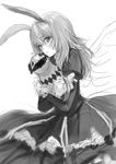  animal_ears bunny_ears capelet creature dress elize_lutus greyscale kemonomimi_mode looking_at_viewer makimura_shunsuke monochrome simple_background solo tales_of_(series) tales_of_xillia teepo_(tales) white_background wings 