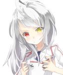  ahoge bad_id bad_pixiv_id blush flat_chest heterochromia infinite_stratos laura_bodewig long_hair me_tel no_eyepatch red_eyes school_uniform silver_hair simple_background solo tears yellow_eyes 