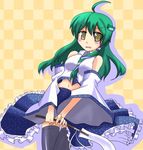  akatoro_(nightlord) bare_shoulders black_legwear detached_sleeves green_hair hair_ribbon kochiya_sanae long_hair navel ribbon solo thighhighs touhou yellow_eyes 