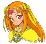  bad_id bad_pixiv_id bow brooch choker circlet closed_mouth cure_muse_(yellow) eyelashes face frills hair_ribbon heart jewelry long_hair magical_girl orange_hair precure red_eyes ribbon shirabe_ako simple_background smile solo space_jin suite_precure upper_body white_background yellow_bow yellow_choker 