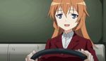  animated animated_gif blue_eyes charlotte_e_yeager driving grin long_hair lowres military military_uniform orange_hair smile steering_wheel strike_witches uniform 