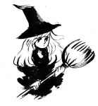  1girl broom commentary dress english_commentary greyscale hat heikala highres holding holding_broom inktober long_hair long_sleeves monochrome original solo witch witch_hat 
