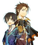  :d alvin_(tales) bad_id bad_pixiv_id black_gloves black_hair brown_eyes brown_hair clenched_hand coat cravat gloves hand_on_hip happy heart heart_of_string jude_mathis kitsuta male_focus multiple_boys open_mouth scarf smile tales_of_(series) tales_of_xillia white_background 