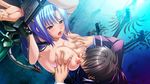  bdsm blue_hair blush bondage bound breast_grab breast_squeeze breast_sucking breasts demon_girl grabbing huge_breasts kyonyuu_majo lactation succubus tail tenma_yuria two_nipples_one_mouth waffle 