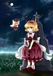  blonde_hair blue_eyes bubble_skirt doll dress flower full_moon hair_ribbon highres lily_of_the_valley long_skirt medicine_melancholy miyakure moon multiple_girls night night_sky purple_skirt red_dress ribbon skirt sky star_(sky) starry_sky touhou 