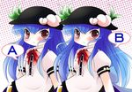  blue_hair blush comparison cosplay dual_persona food fruit futatsuiwa_mamizou hinanawi_tenshi long_hair multiple_girls peach red_eyes ribbon touhou upper_body yume_shokunin 