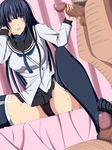  2boys bed blue_hair blush breasts censored feet footjob footwear handjob kampfer large_breasts long_hair multiple_boys panties penis sangou_shizuku school_uniform socks spread_legs sweat underwear 