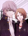  bad_id bad_pixiv_id brown_eyes brown_hair grey_eyes grey_hair hanamura_yousuke headphones houndstooth moco multiple_boys narukami_yuu persona persona_4 school_uniform short_hair 