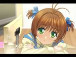  antenna_hair blush brown_hair cardcaptor_sakura crossed_arms cup green_eyes kinomoto_sakura letterboxed mutsuki_(moonknives) short_hair short_twintails smile solo steam twintails 