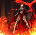 armor bird breastplate cape fire greaves looking_at_viewer maco phoenix pixiv_fantasia pixiv_fantasia_wizard_and_knight red_eyes red_hair shield short_hair solo standing sword tabard weapon 