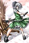  bad_id bad_pixiv_id blue_eyes cherry_blossoms hair_ribbon highres katana konpaku_youmu konpaku_youmu_(ghost) mary_janes petals ribbon sheath shoes silver_hair solo sword tabuchi_(tabuchisanchi) touhou unsheathing weapon 