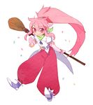  arche_klein broom gloves gwayo long_hair pants pink_eyes pink_hair pink_pants ponytail scarf smile solo tales_of_(series) tales_of_phantasia wide_ponytail 